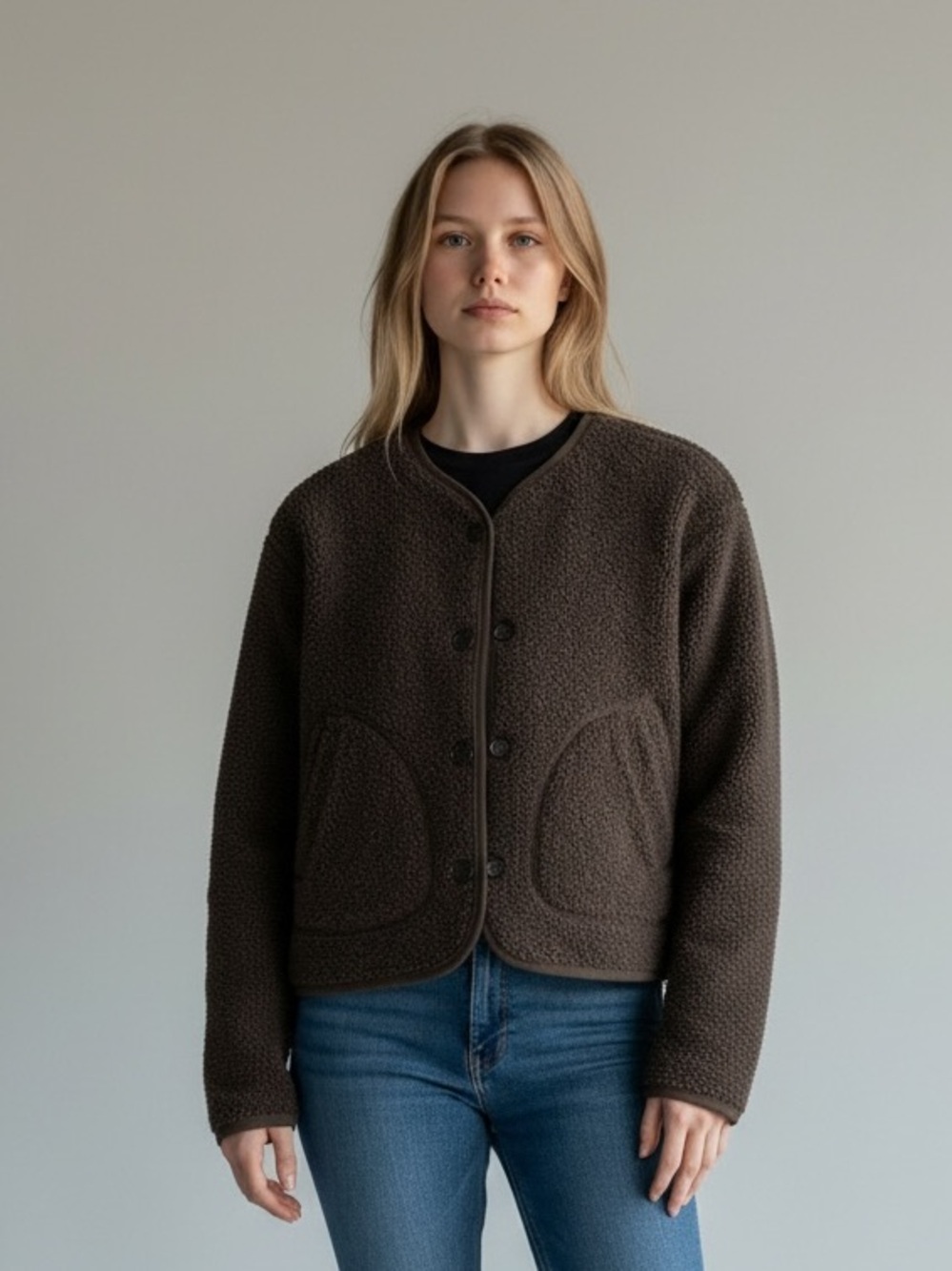 Uniqlo Brown Teddy Sherpa Fleece Jacket Crew Neck Button Front size XS